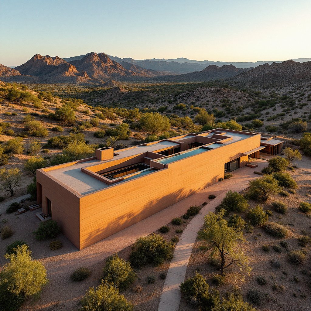 Aerial of a rammed earth estate in high desert at golden hour