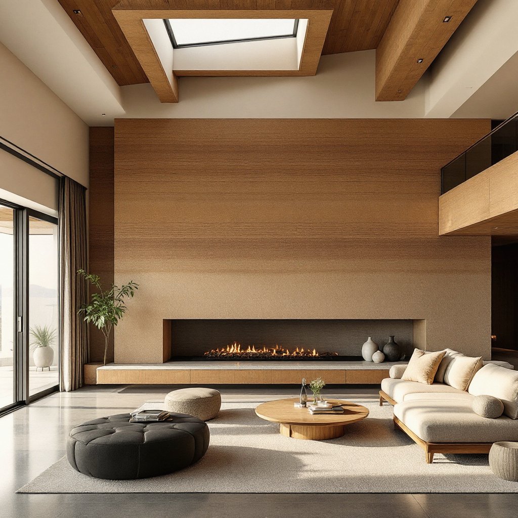 Living room with exposed stratified rammed earth feature wall and linear fireplace