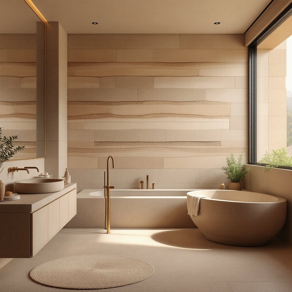 Bathroom with exposed rammed earth strata wall