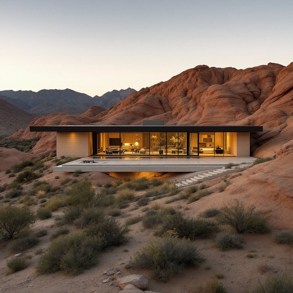 Cliffside luxury home with glass walls glowing at dusk
