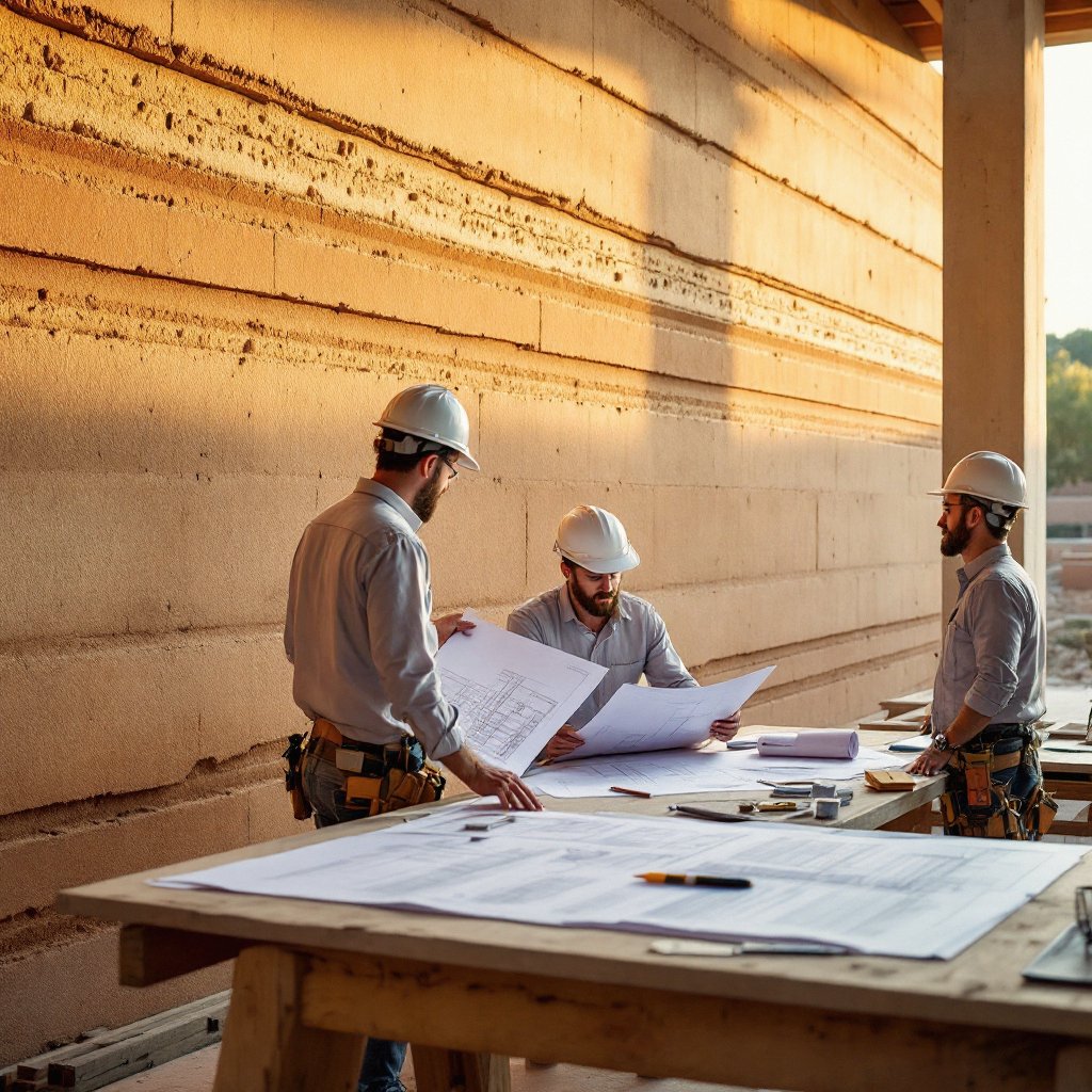 Plans and documents reviewed beside a rammed earth wall