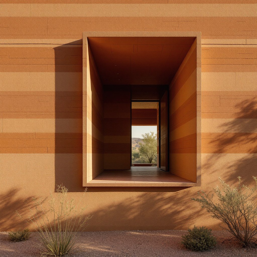 Deep window reveal through a thick stratified rammed earth wall