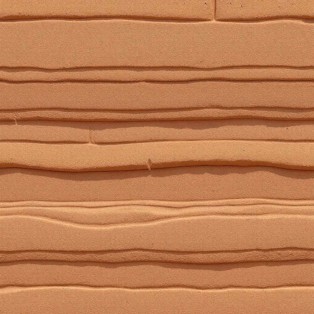 Close detail of rammed earth strata bands in terracotta and sand
