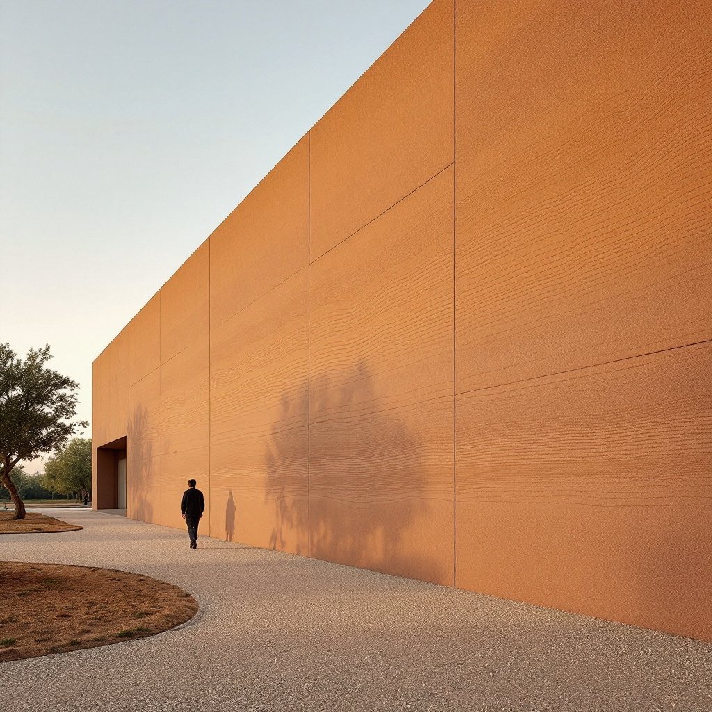 Monumental rammed earth feature wall at a modern winery entry